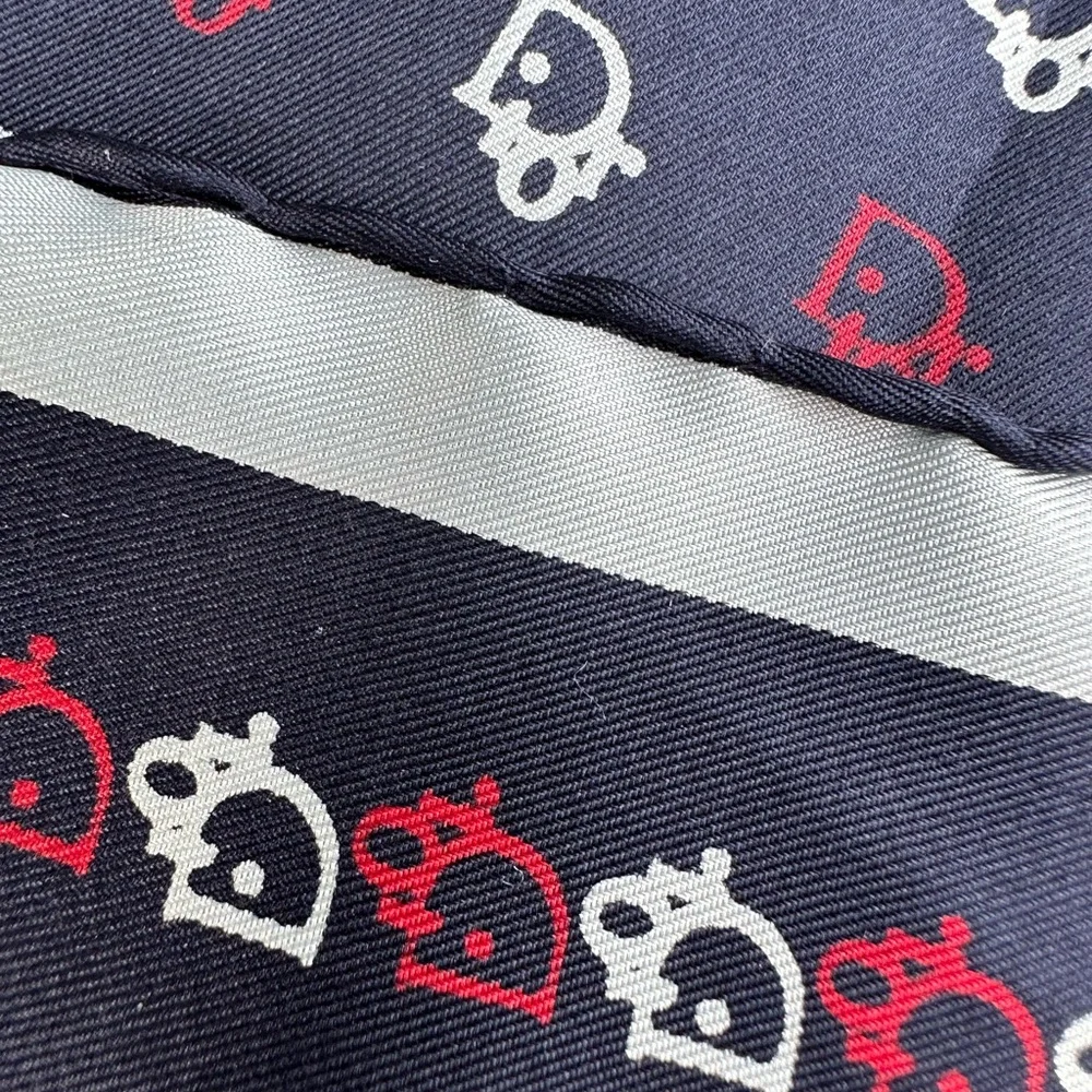 Christian Dior Blue Red White Silk Allover Logo Print Bordered Hand Roll Scarf